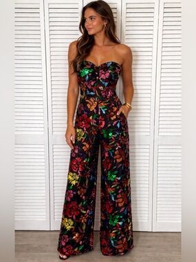 NWT Dress The Population Preston Floral Sequin Wide Leg Jumpsuit XXS